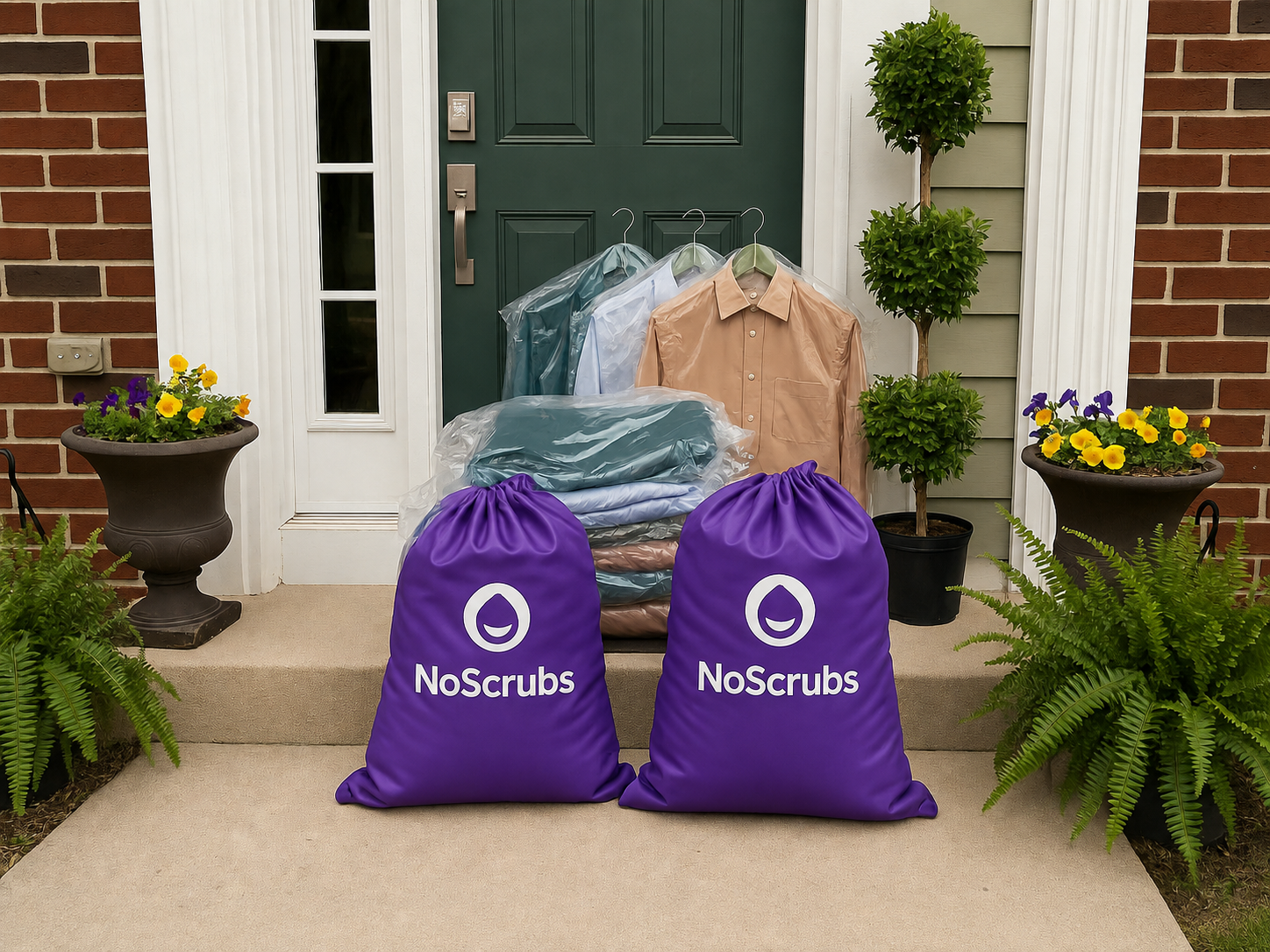 Two NoScrubs laundry bags and folded clothes on a bed
