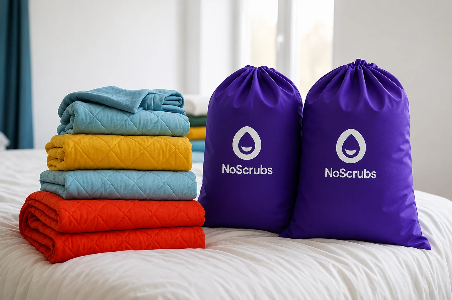 Two NoScrubs laundry bags and folded clothes on a bed